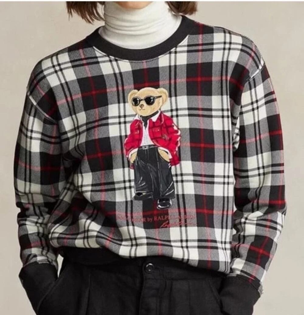 NWT Polo Ralph Lauren Plaid Polo Bear Fleece Sweatshirt Women’s XXL Limited Ed - Picture 1 of 4